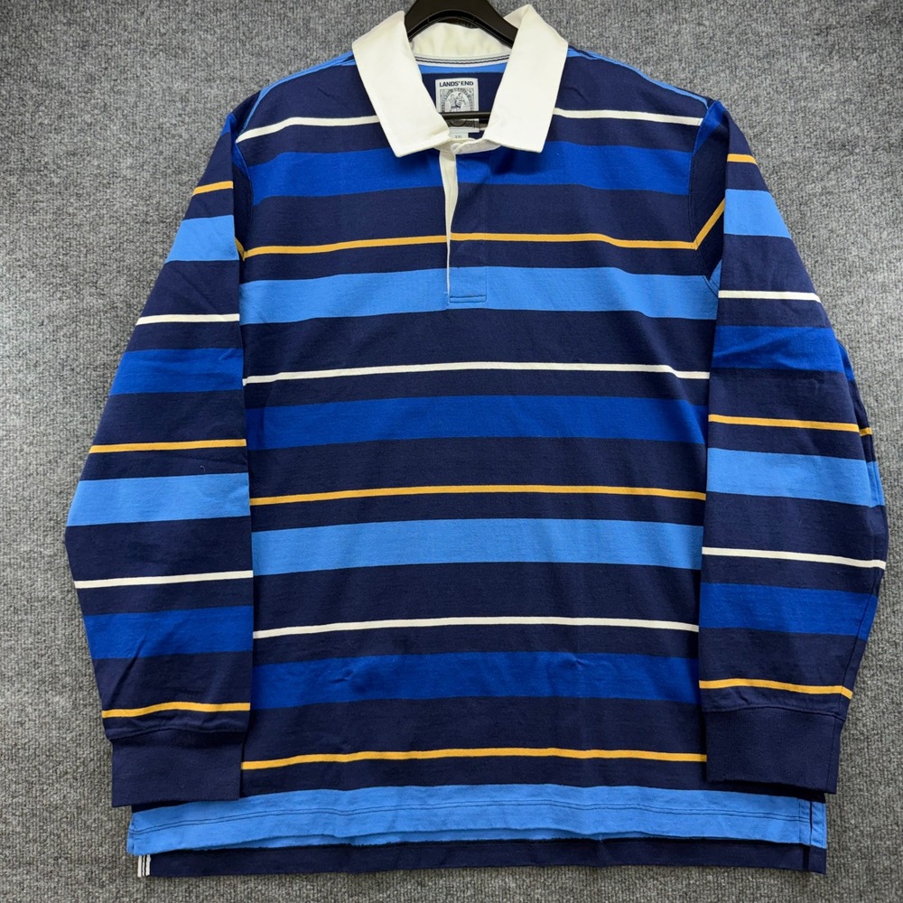 Lands End Mens XXL Blue Striped‎ Long Sleeve Cotton Rugby Shirt 501919 Navy Gold